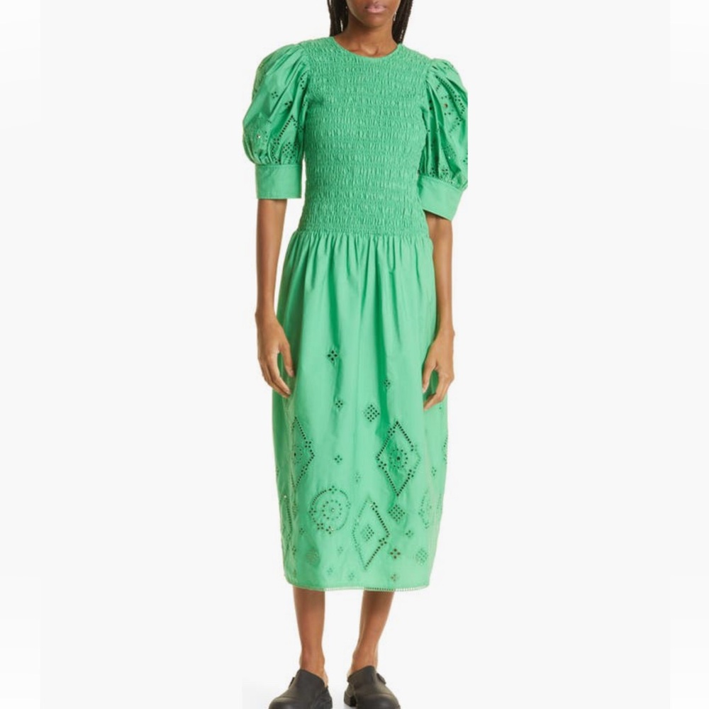 Ganni Eyelet Detail Midi Dress Size 40 US 8 10 In Kelly Green Puff Sleeve Smock
